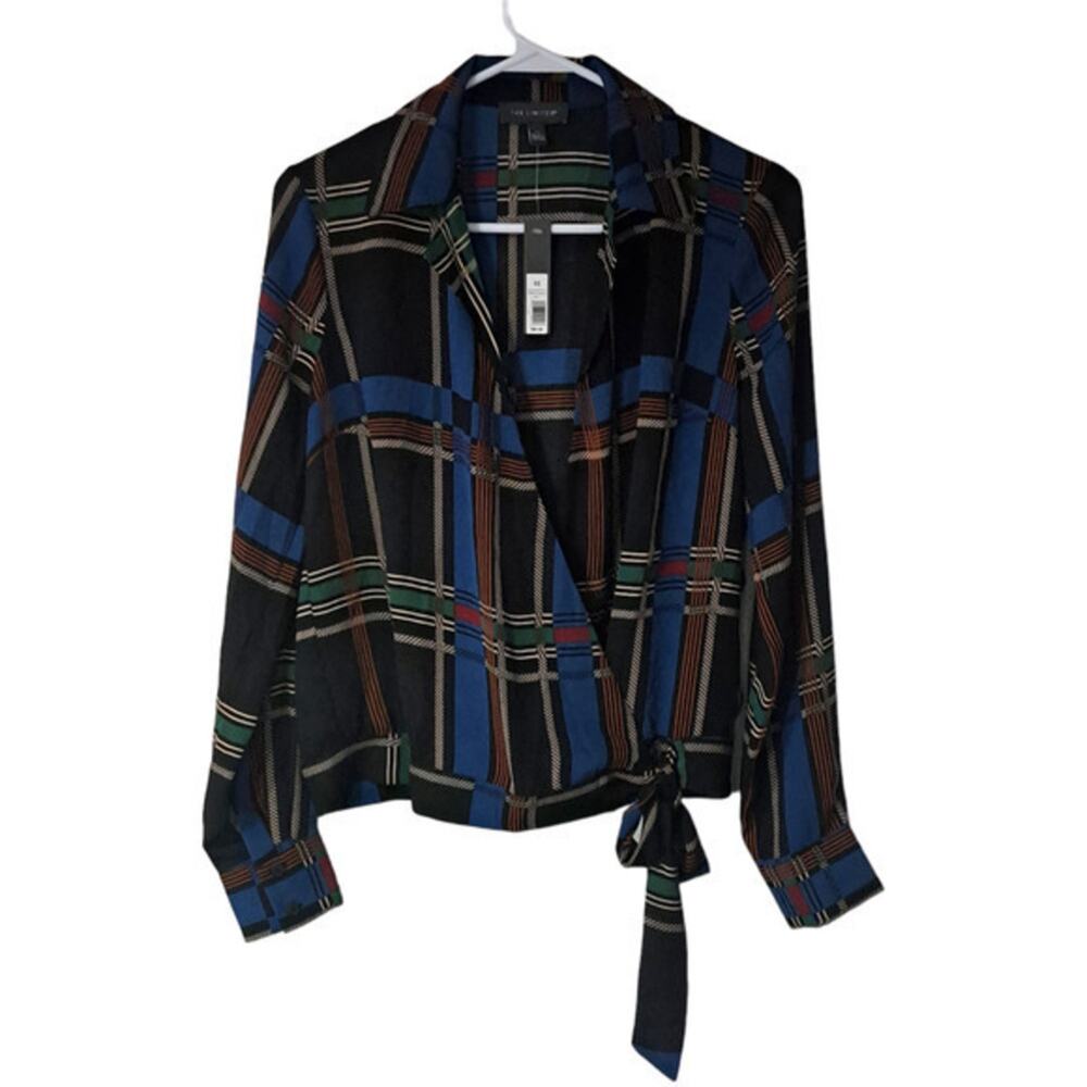 The Limited Womens Long Sleeve Wrap Front Printed Plaid Top Blue Size XS NWT